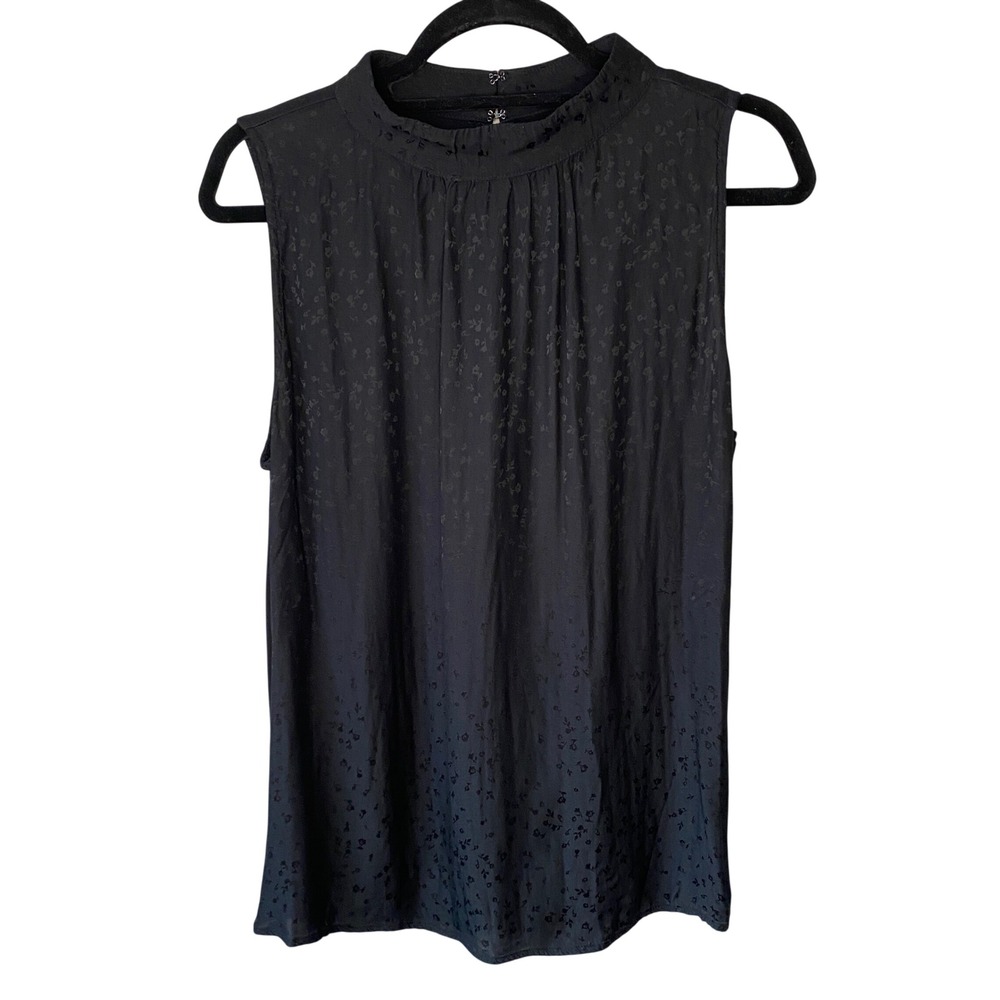LOFT Womens Black Floral Jacquard‎ Mock Neck Sleeveless Shell Blouse Large